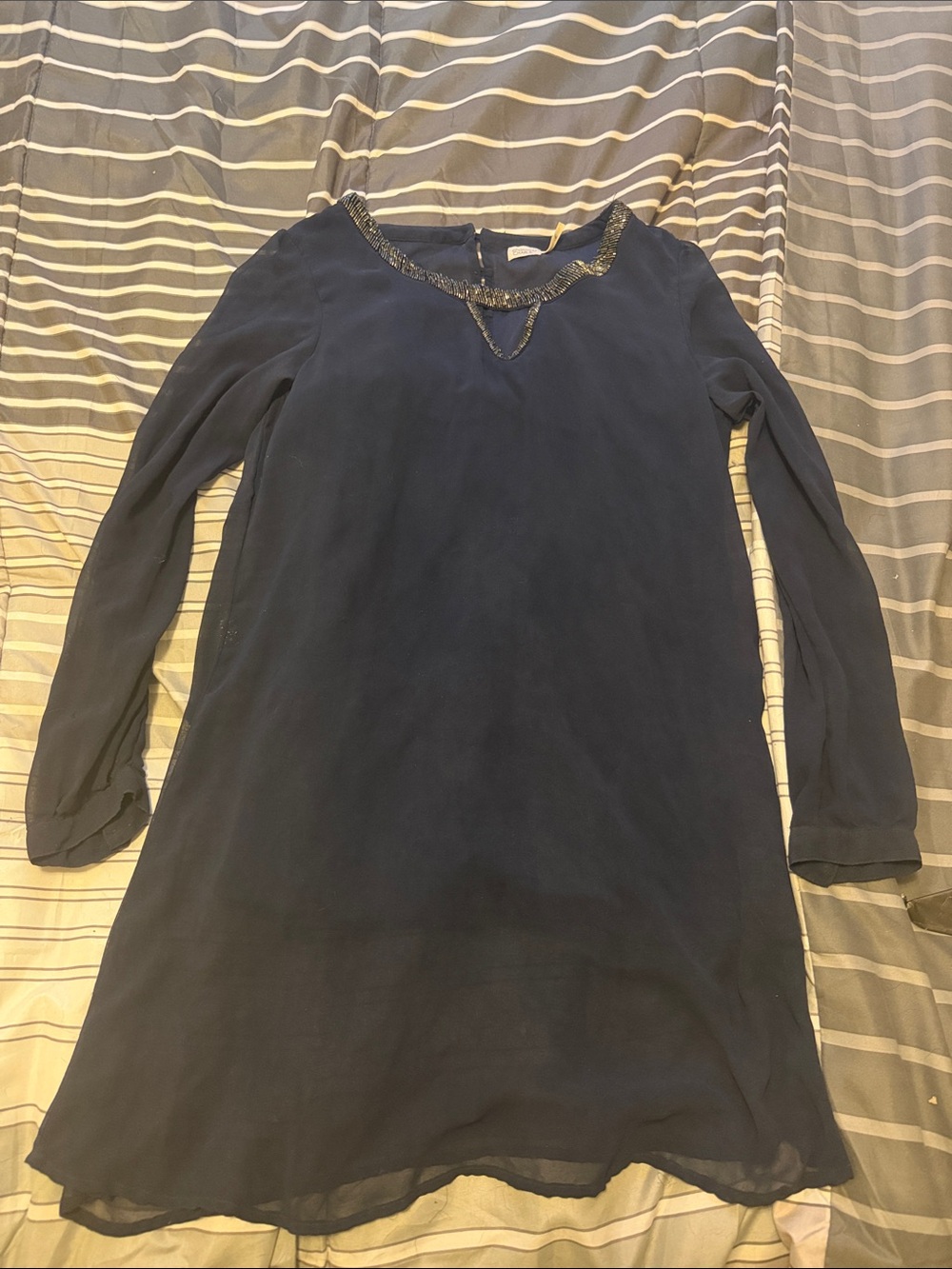 Charming Charlie Navy Long-Sleeve Shift Dress with Beaded Neckline